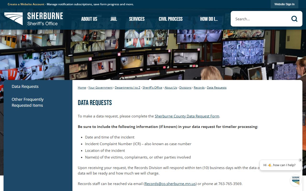 Sherburne County arrest records Sheriff data request page