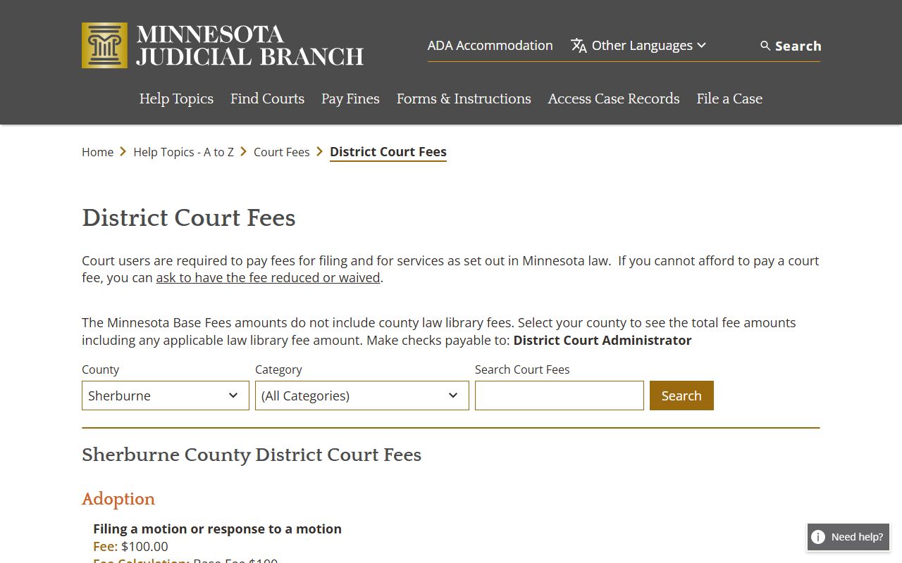 Sherburne County court dockets district court fee schedule