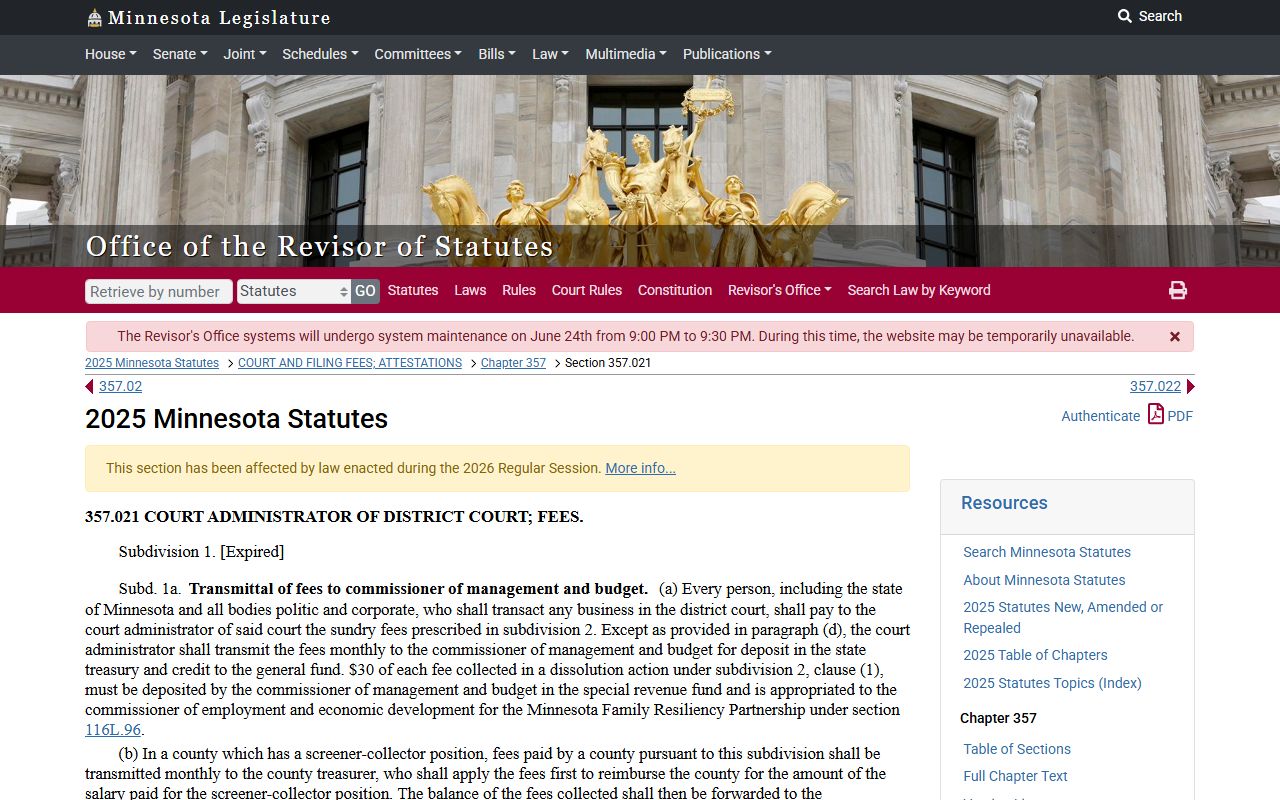 Sherburne County probate records district court fee statute