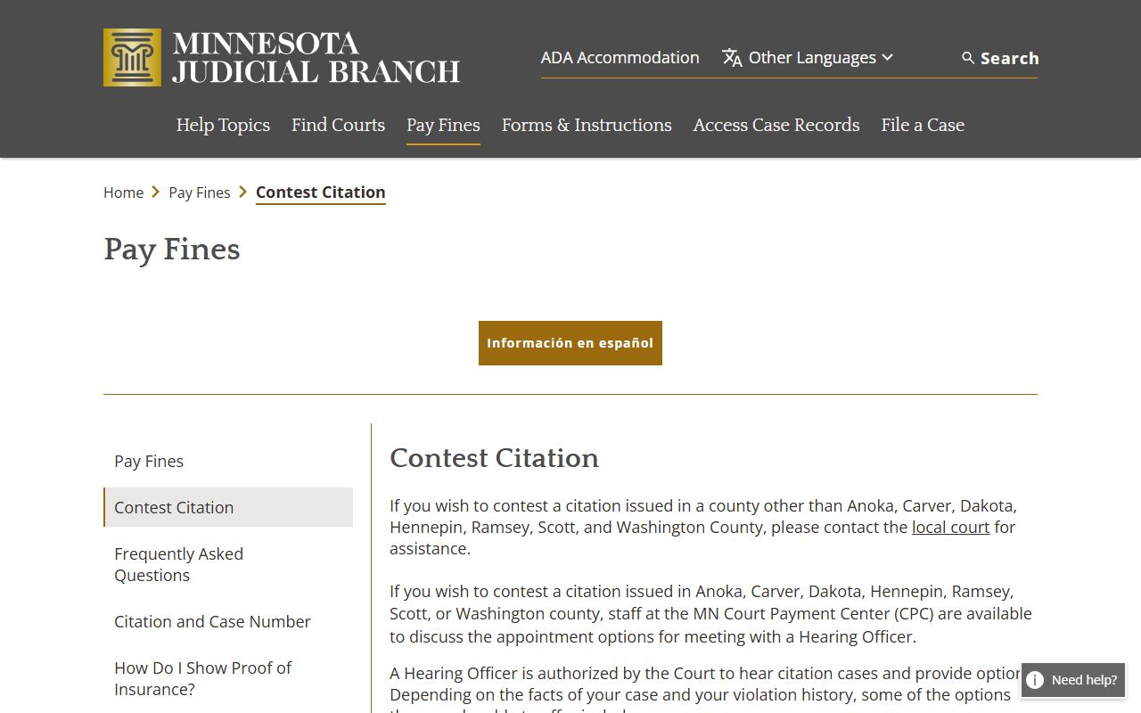 Sherburne County traffic court records contest citation page